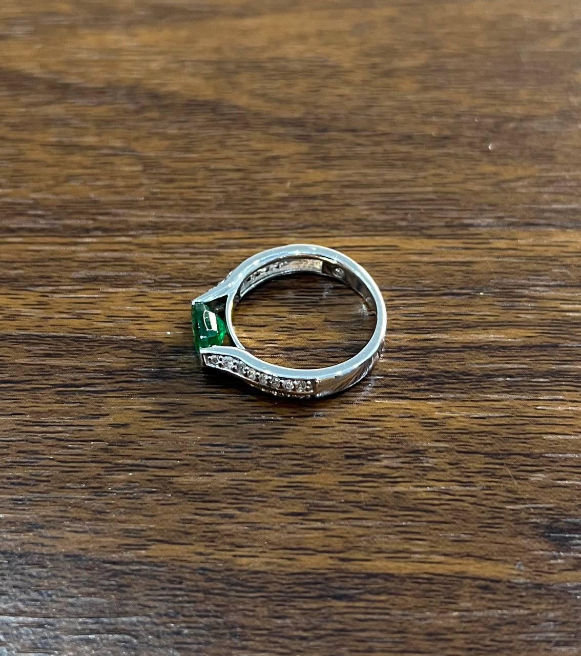 Green Emerald Oval Shape Diamond Channel Set 14K White Gold Statement Ring