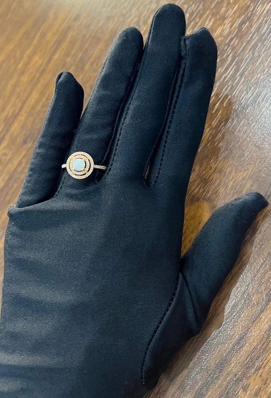 Round White Opal Double Diamond Halo 14K Rose Gold Statement Ring