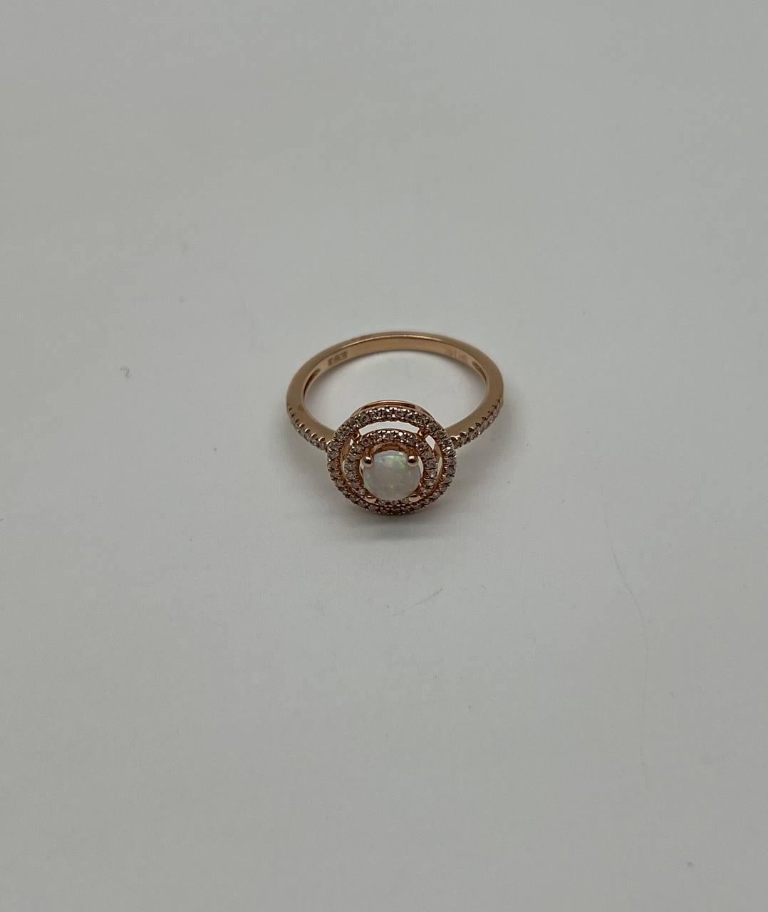 Round White Opal Double Diamond Halo 14K Rose Gold Statement Ring