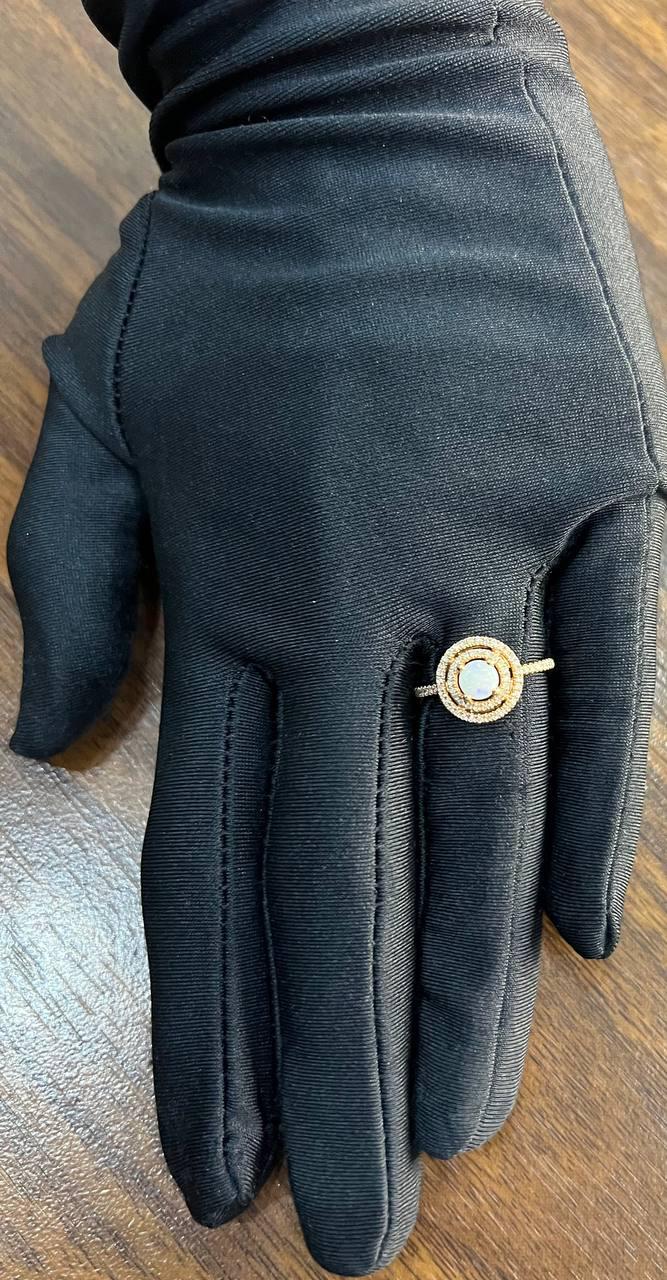 Round White Opal Double Diamond Halo 14K Rose Gold Statement Ring