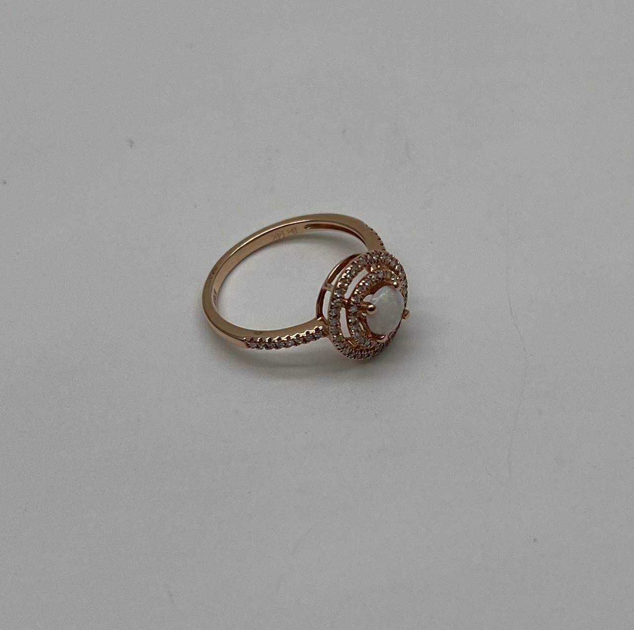 Round White Opal Double Diamond Halo 14K Rose Gold Statement Ring