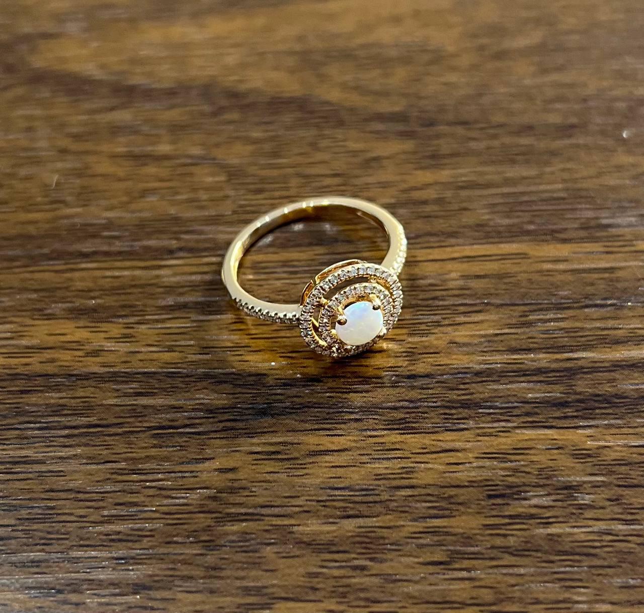 Round White Opal Double Diamond Halo 14K Rose Gold Statement Ring