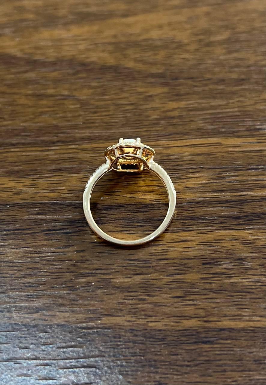 Round White Opal Double Diamond Halo 14K Rose Gold Statement Ring