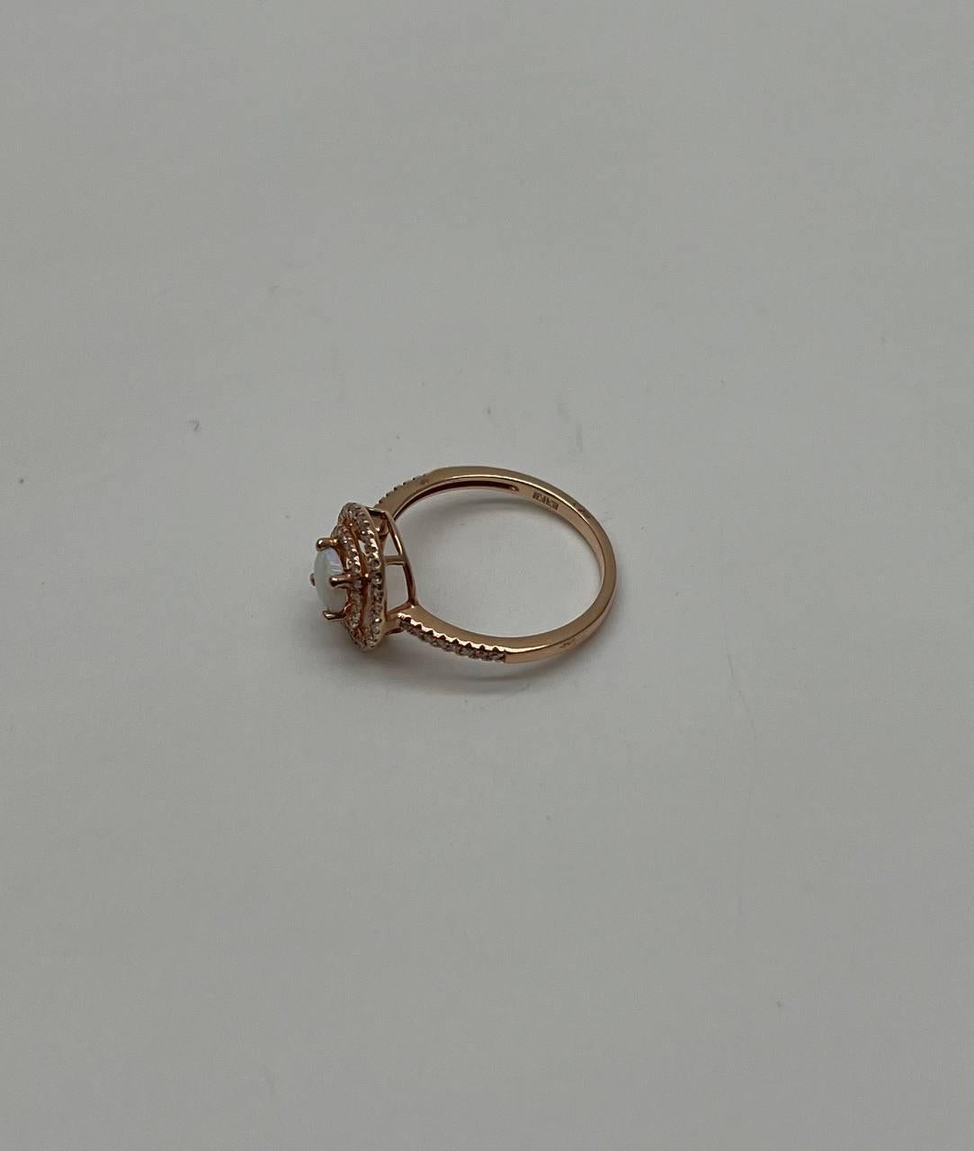 Round White Opal Double Diamond Halo 14K Rose Gold Statement Ring