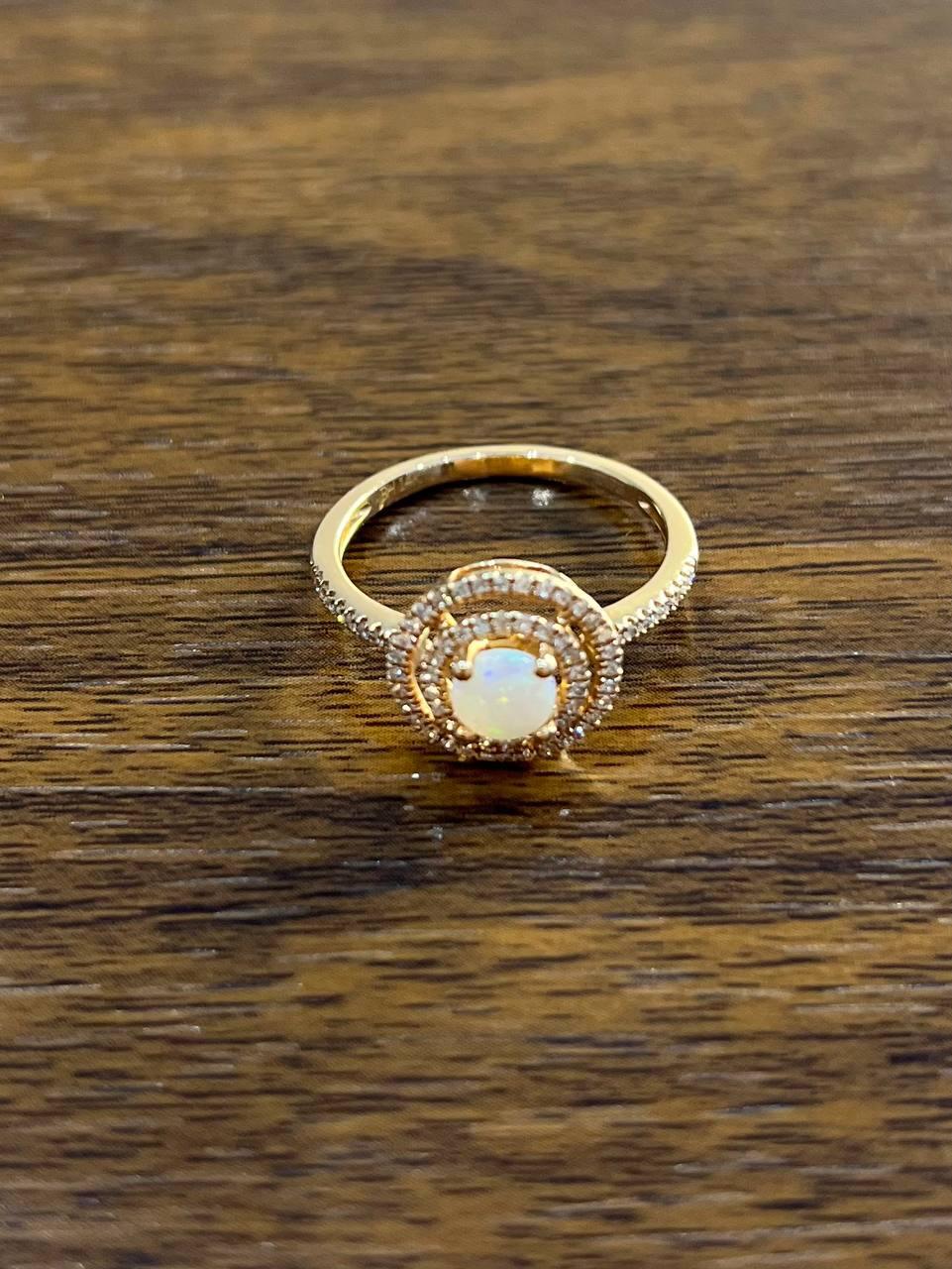 Round White Opal Double Diamond Halo 14K Rose Gold Statement Ring