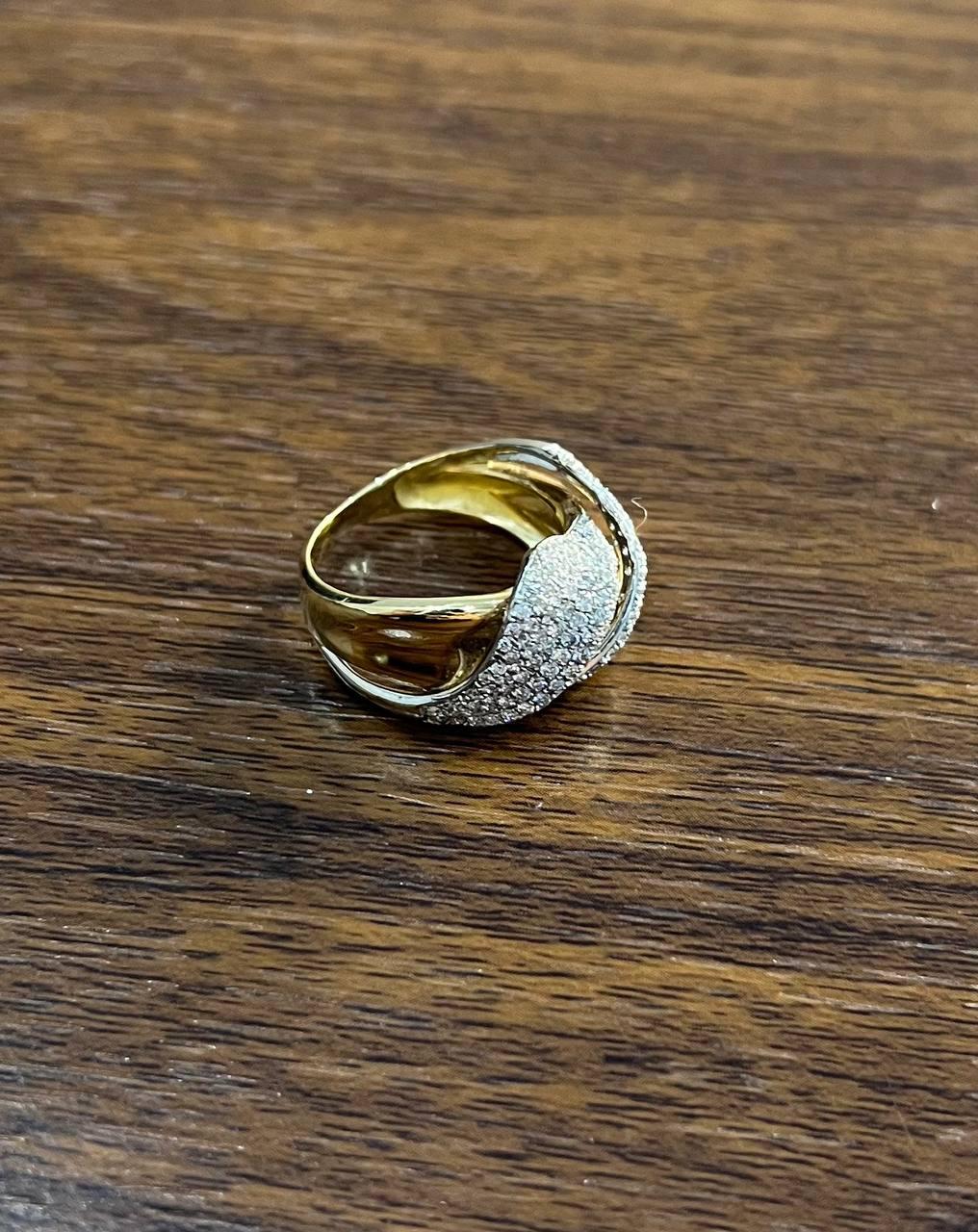 Diamond Pave Set Intertwining Wave Twist 14K Yellow Gold Statement Dome Ring