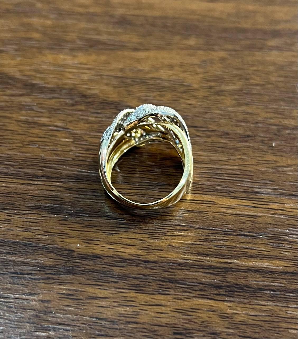 Diamond Pave Set Intertwining Wave Twist 14K Yellow Gold Statement Dome Ring