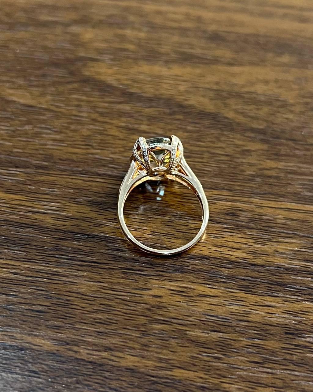 Oval Shape Green Amethyst Prasiolite Diamond Halo 14K Rose Gold Statement Ring