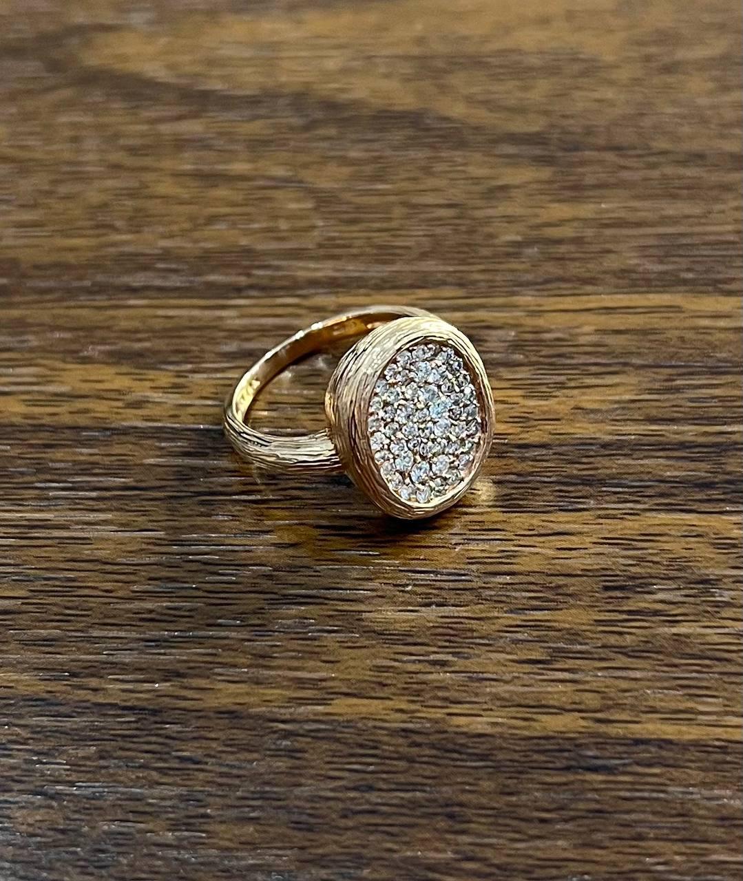 Oval Shape Diamond Pave Set 14K Rose Gold Grooved Branch Textured Statement Ring