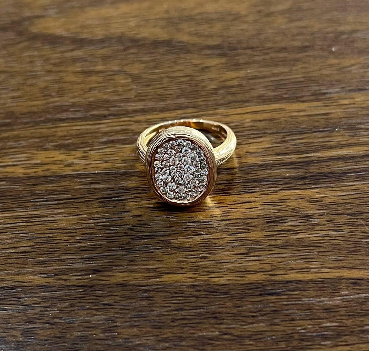 Oval Shape Diamond Pave Set 14K Rose Gold Grooved Branch Textured Statement Ring
