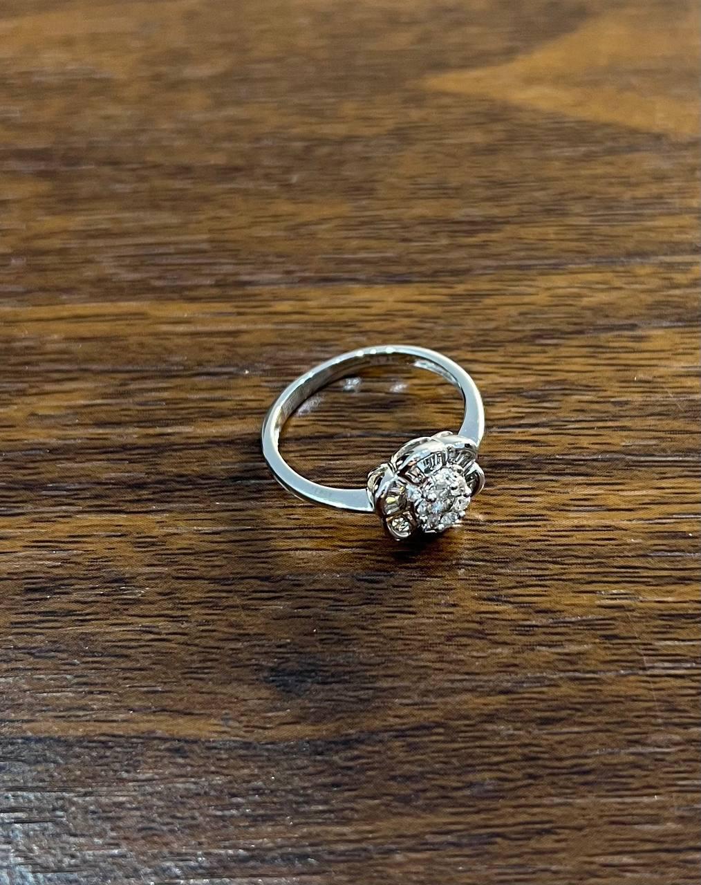 Diamond Floral Flower Petals Motif Baguette 14K White Gold Dainty Statement Ring