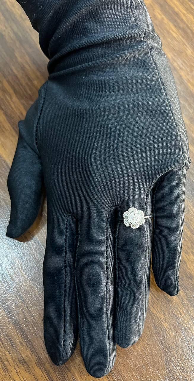 Diamond Floral Flower Petals Motif Baguette 14K White Gold Dainty Statement Ring
