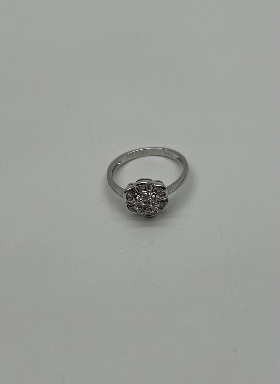 Diamond Floral Flower Petals Motif Baguette 14K White Gold Dainty Statement Ring