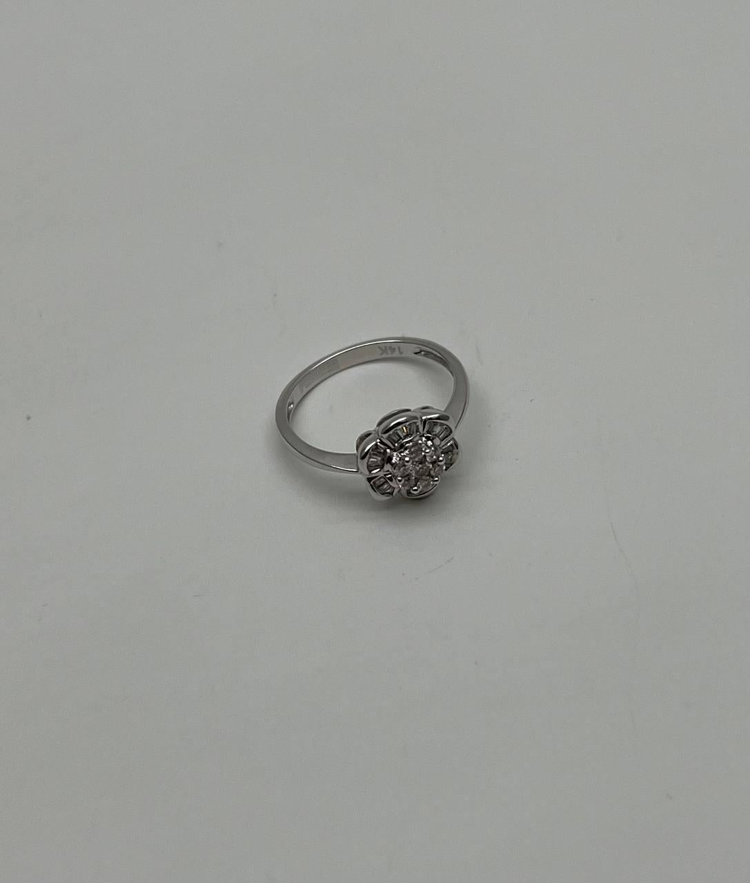 Diamond Floral Flower Petals Motif Baguette 14K White Gold Dainty Statement Ring