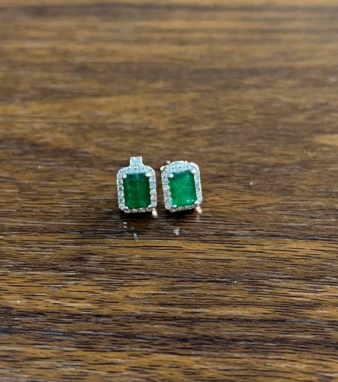 Rectangle Green Emerald Diamond Halo Set 14K White Gold Stud Earrings