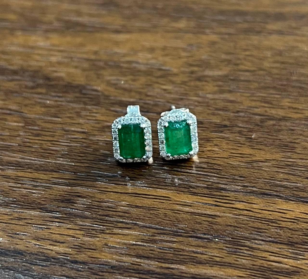 Rectangle Green Emerald Diamond Halo Set 14K White Gold Stud Earrings