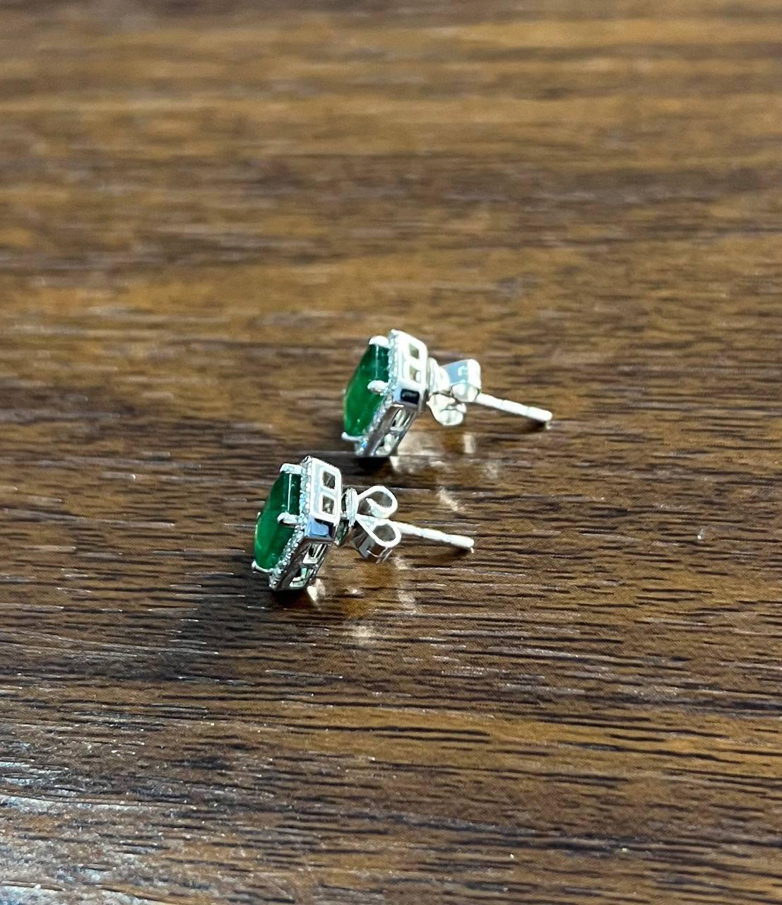 Rectangle Green Emerald Diamond Halo Set 14K White Gold Stud Earrings