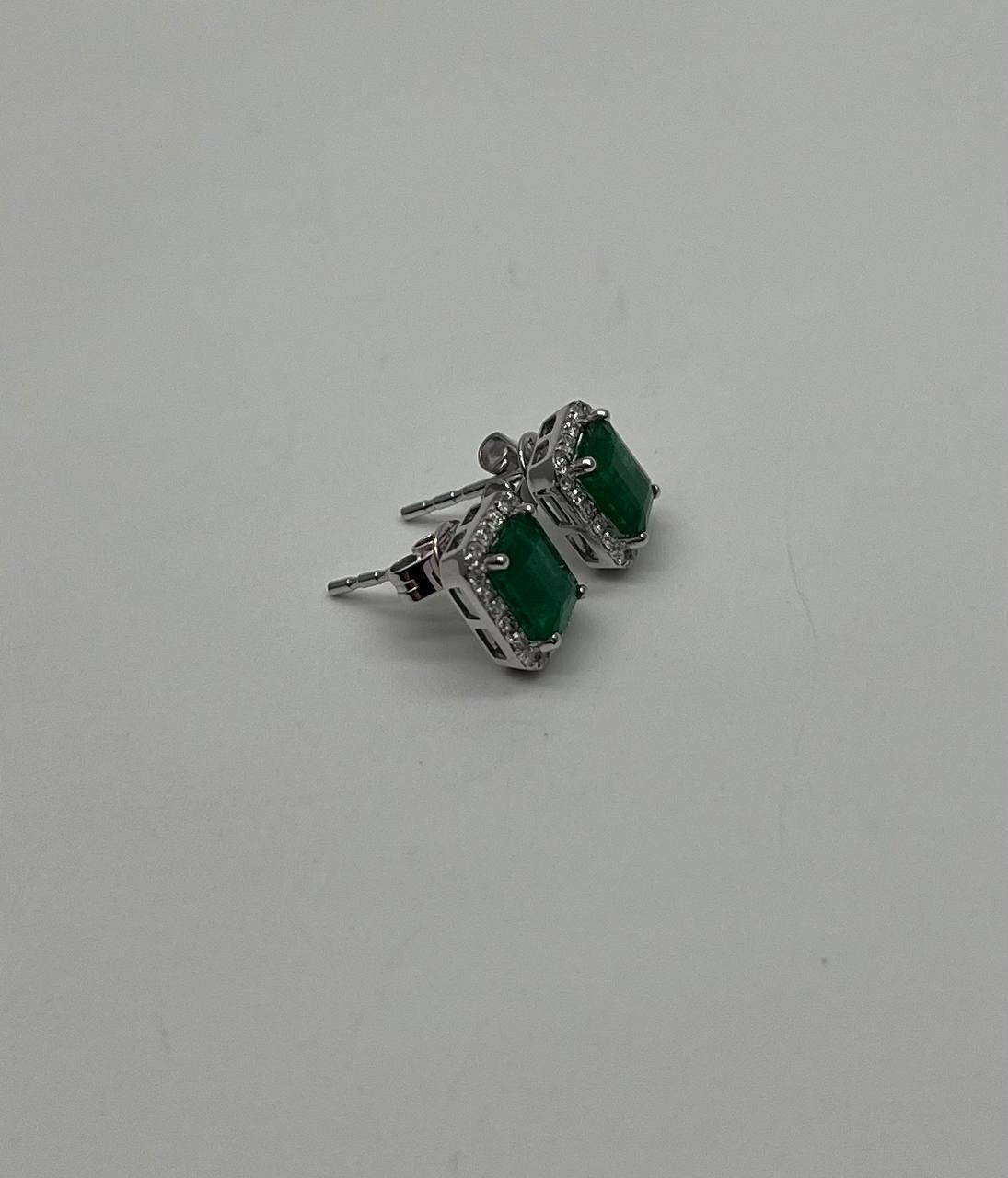 Rectangle Green Emerald Diamond Halo Set 14K White Gold Stud Earrings