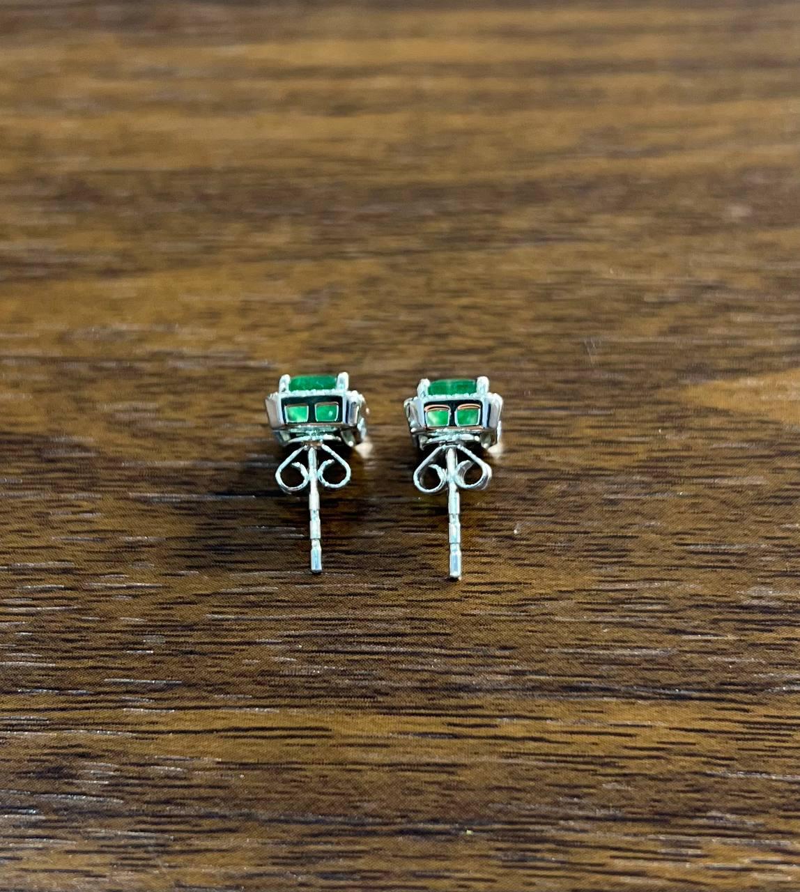 Rectangle Green Emerald Diamond Halo Set 14K White Gold Stud Earrings