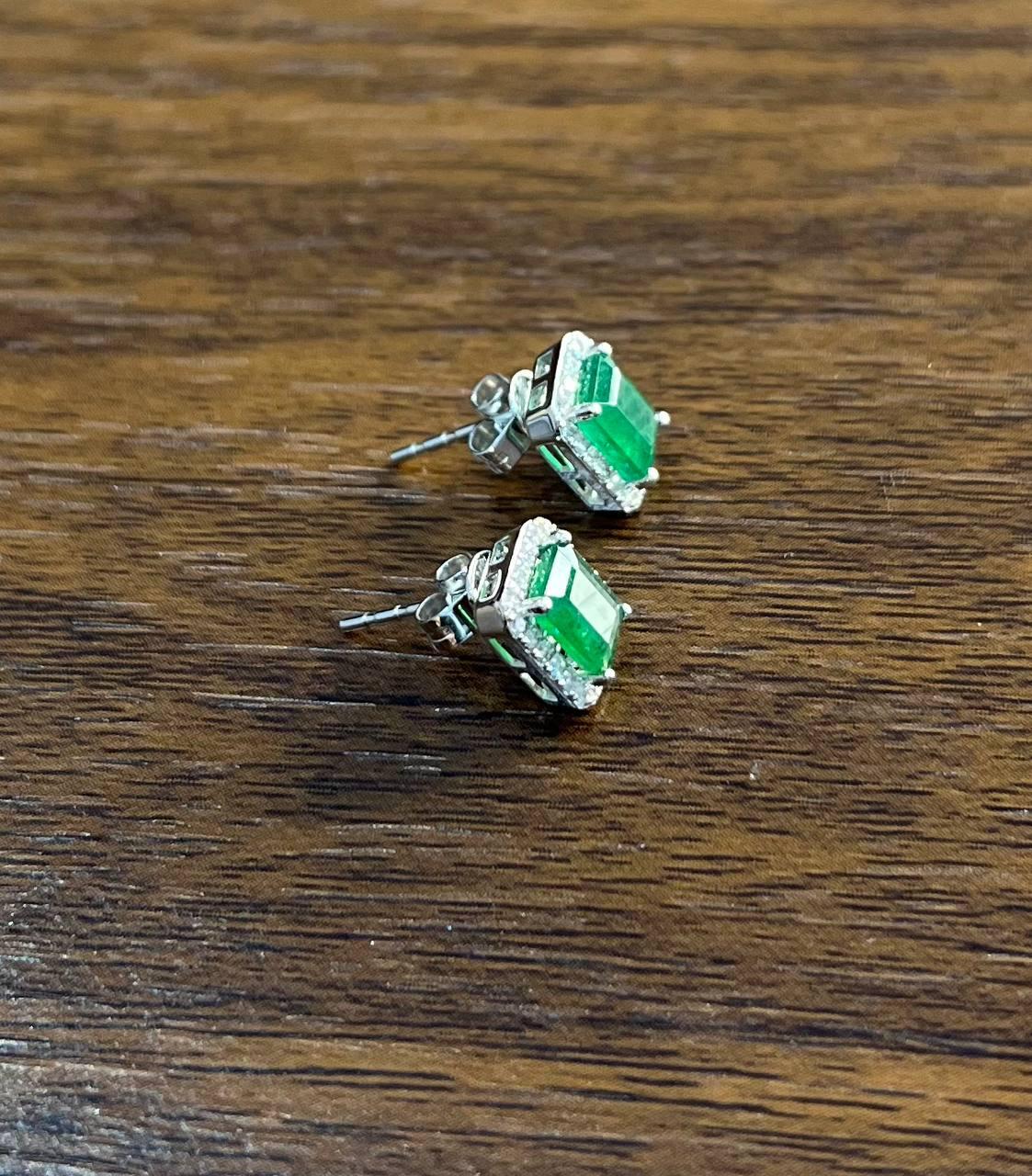 Rectangle Green Emerald Diamond Halo Set 14K White Gold Stud Earrings