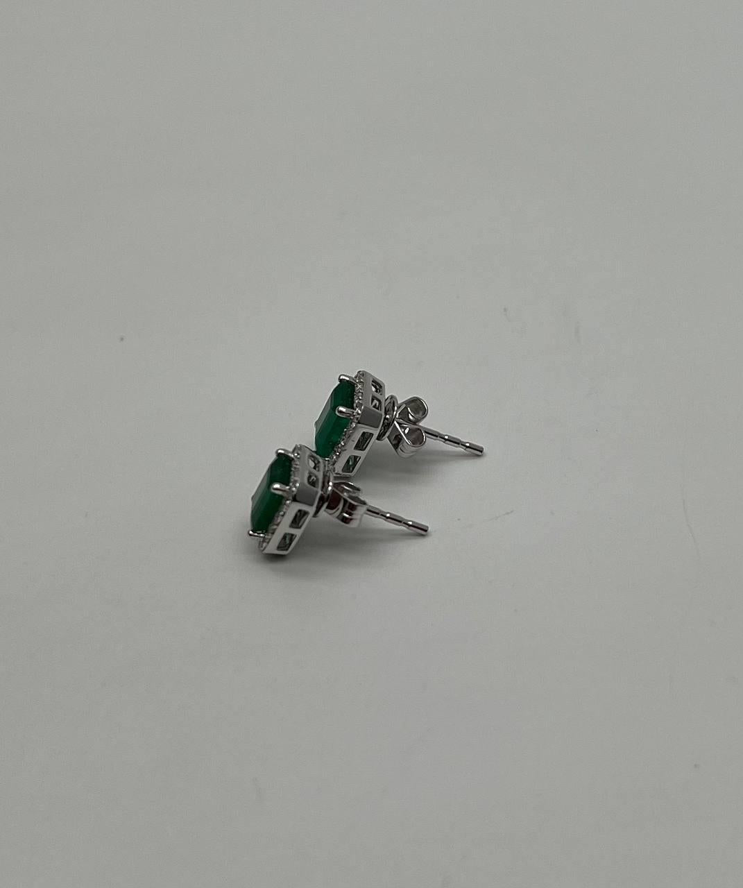 Rectangle Green Emerald Diamond Halo Set 14K White Gold Stud Earrings