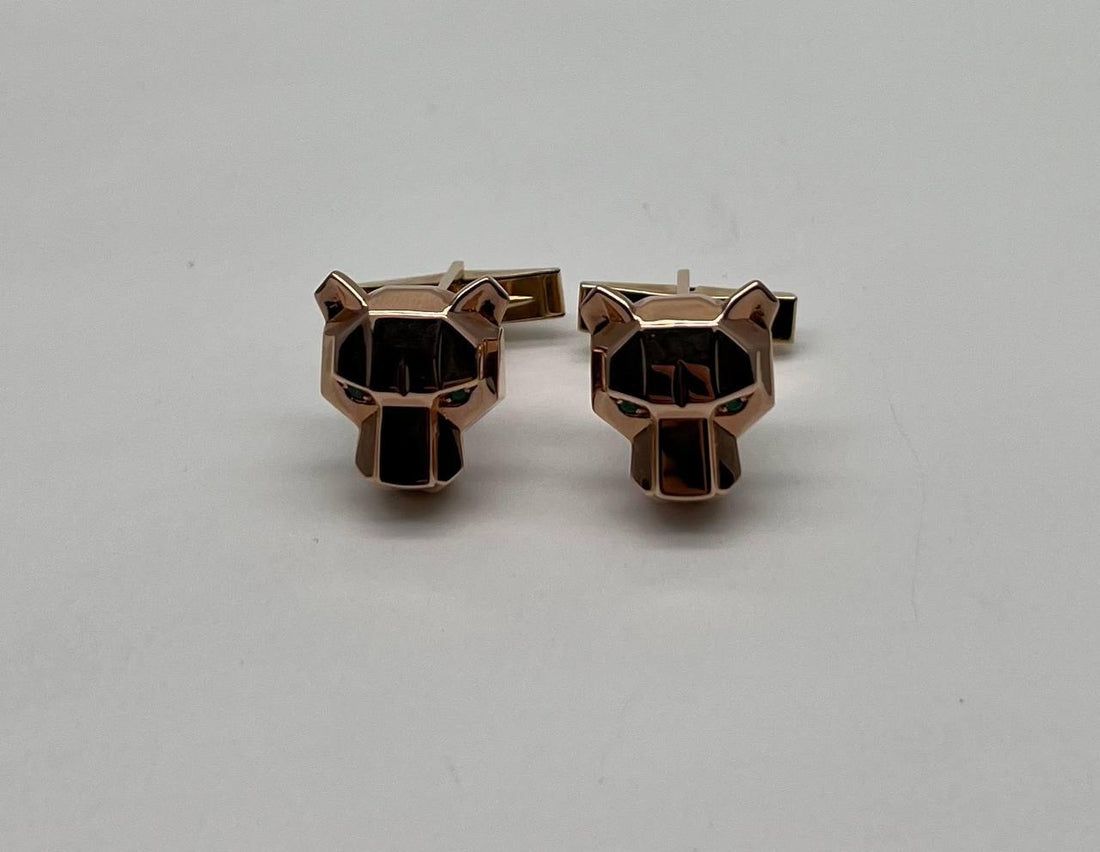 Panther Leopard Jaguar Lion 14K Rose Gold Green Emeralds Eye Statement Cufflinks