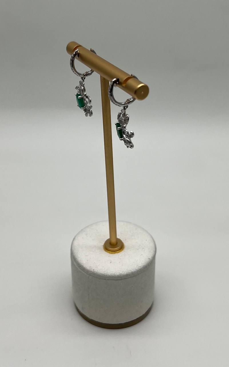 Oval Cut Green Emerald Diamond Pave Halo Oceanic Coral 14K White Gold Earrings