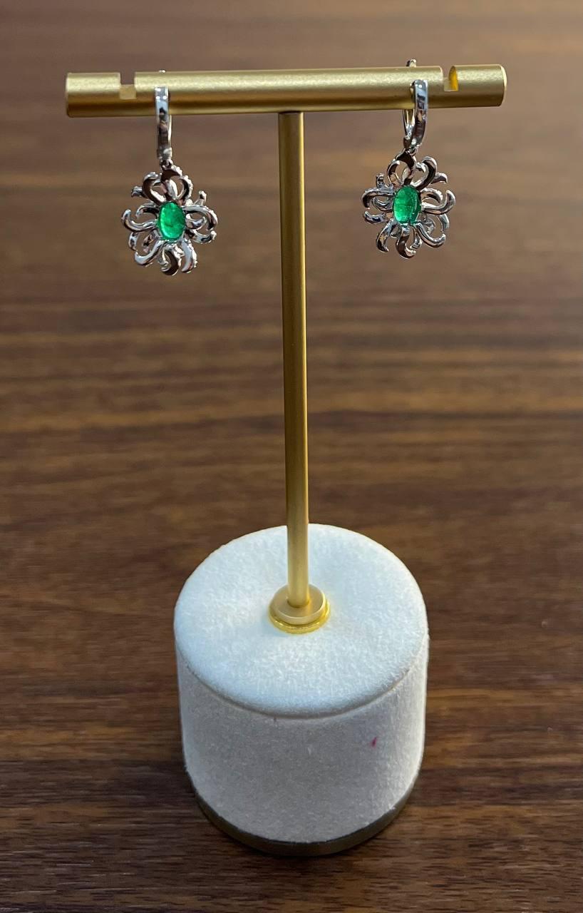 Oval Cut Green Emerald Diamond Pave Halo Oceanic Coral 14K White Gold Earrings