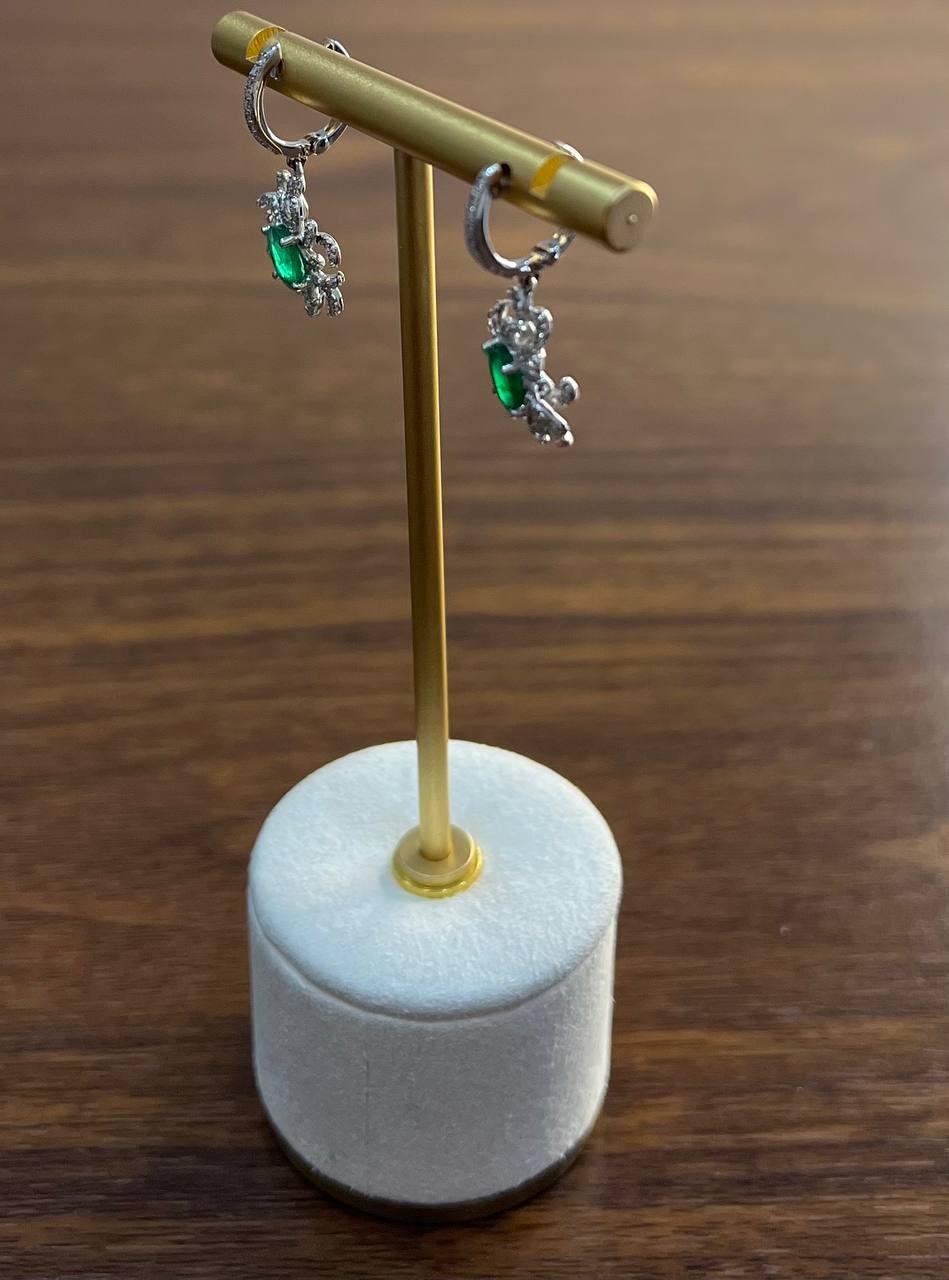 Oval Cut Green Emerald Diamond Pave Halo Oceanic Coral 14K White Gold Earrings