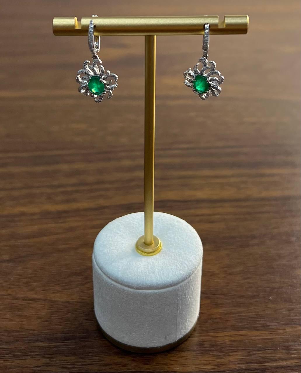 Oval Cut Green Emerald Diamond Pave Halo Oceanic Coral 14K White Gold Earrings
