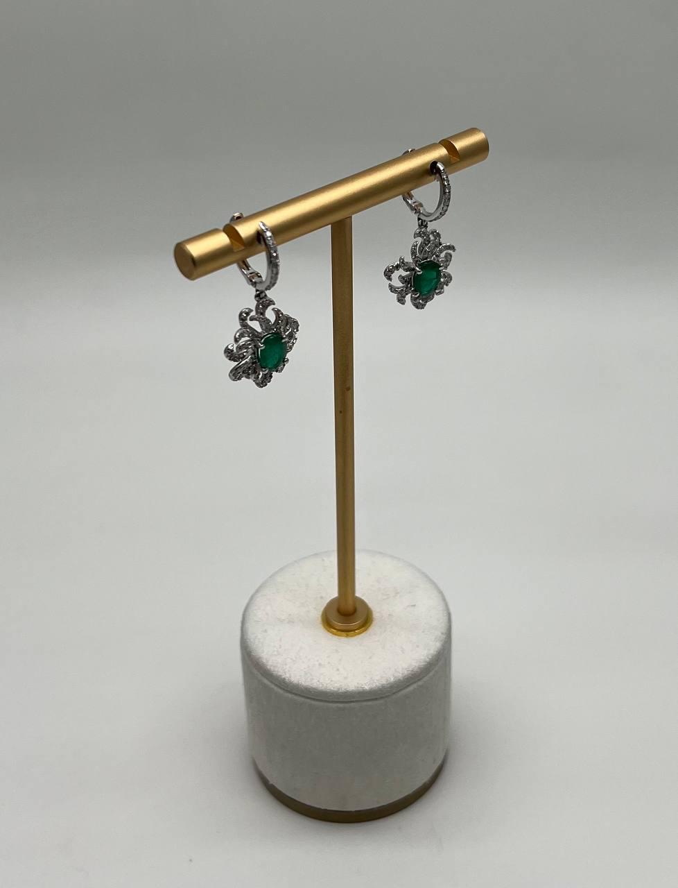 Oval Cut Green Emerald Diamond Pave Halo Oceanic Coral 14K White Gold Earrings