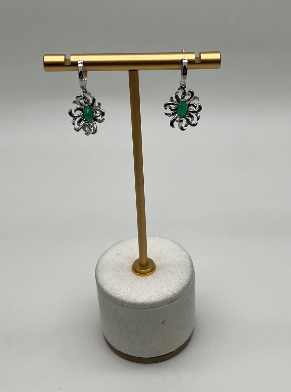 Oval Cut Green Emerald Diamond Pave Halo Oceanic Coral 14K White Gold Earrings