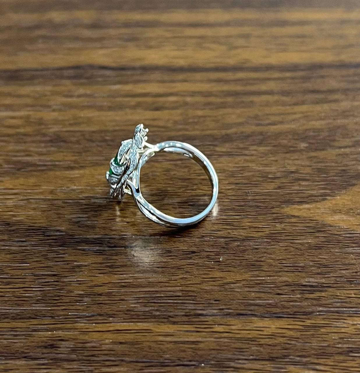 Olive Leaf Branch Motif Green Emerald Diamond Pave 14K White Gold Statement Ring