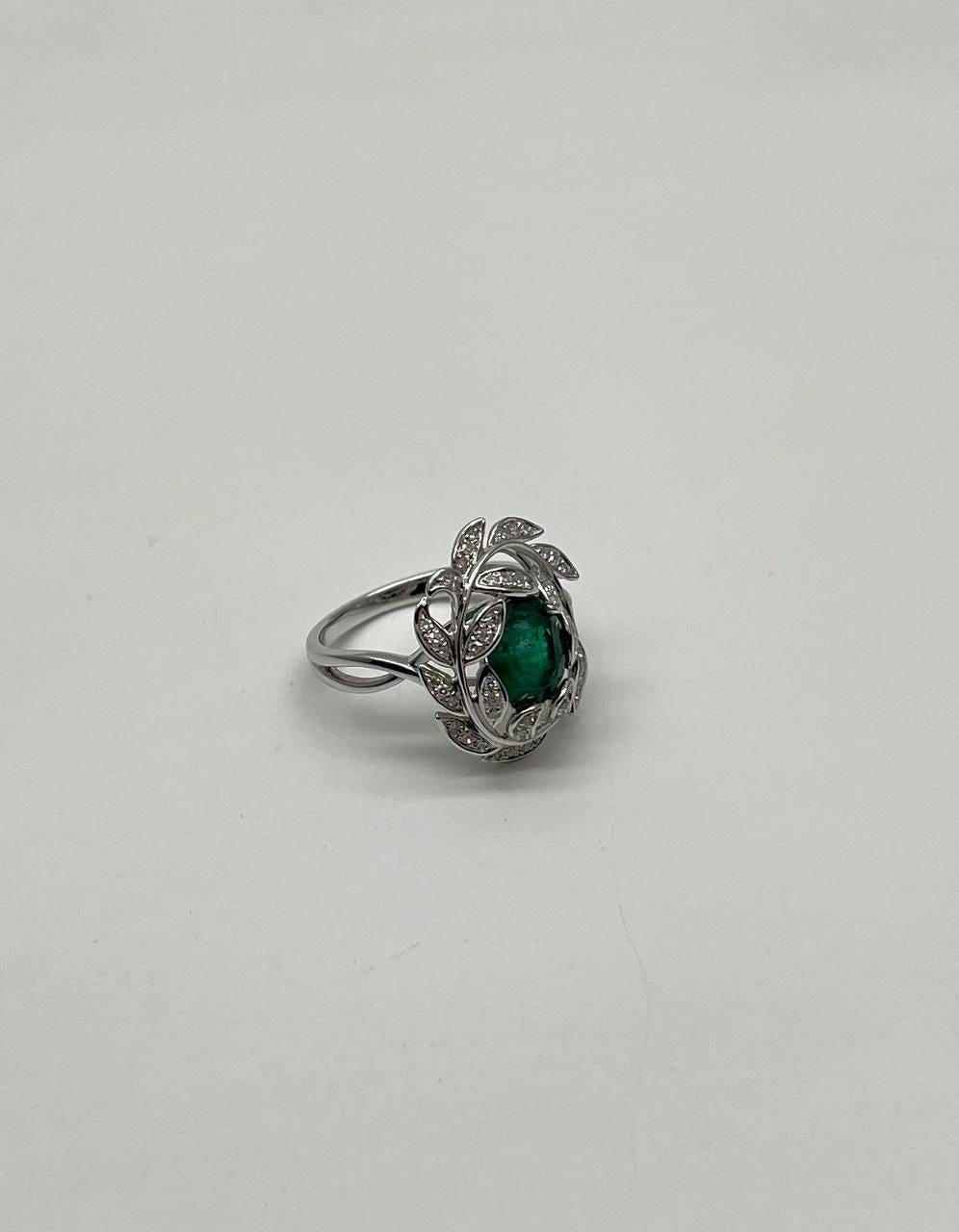 Olive Leaf Branch Motif Green Emerald Diamond Pave 14K White Gold Statement Ring