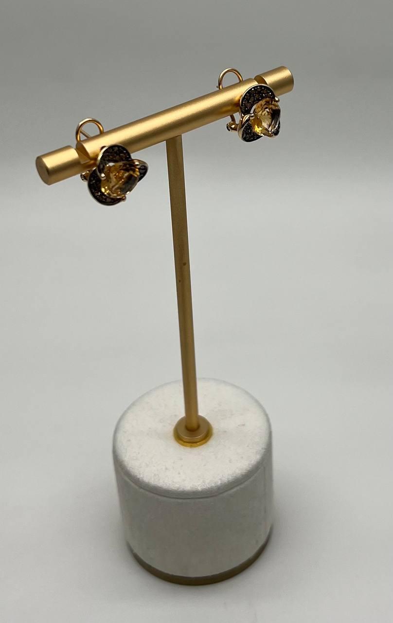 Amber Orange Citrine Diamond Pave Set Flower Floral 14K Yellow Gold Earrings