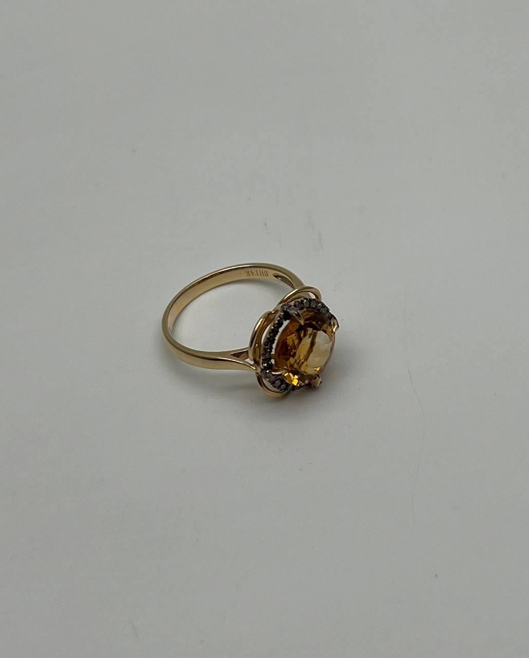 Amber Orange Citrine Diamond Pave Set Flower Floral 14K Yellow Gold Ring