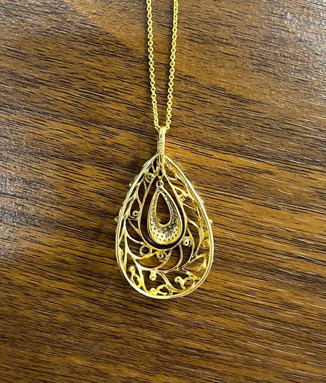 Diamond Nature Inspired Branch Scroll Leaf Pave Set 14K Gold Pendant Necklace