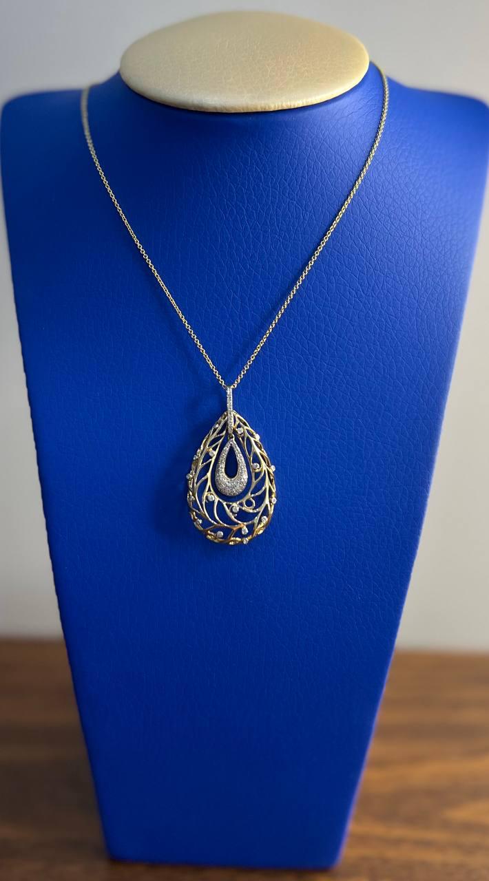 Diamond Nature Inspired Branch Scroll Leaf Pave Set 14K Gold Pendant Necklace