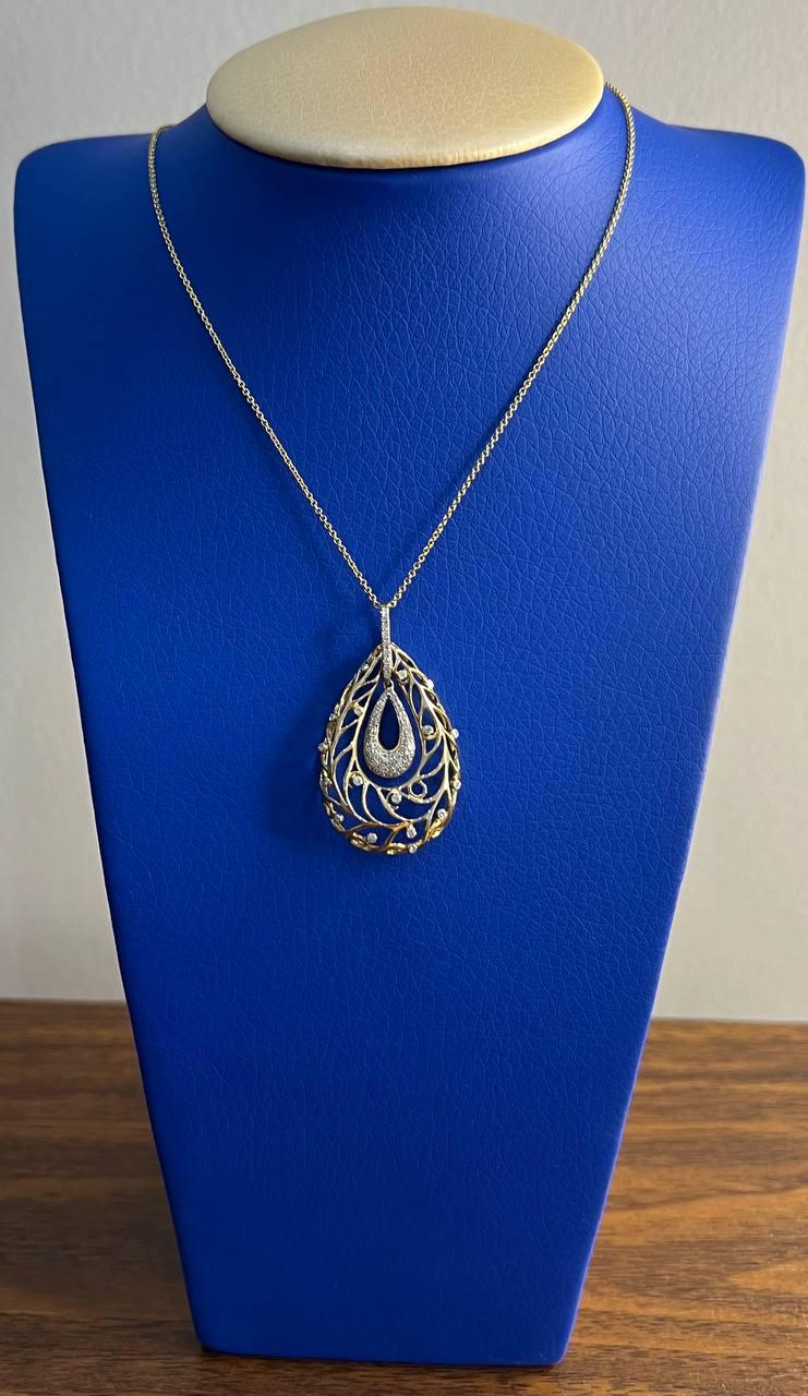 Diamond Nature Inspired Branch Scroll Leaf Pave Set 14K Gold Pendant Necklace