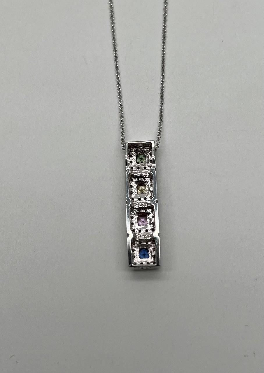 Square Shape Multi Color Sapphires Diamond Halo 14K White Gold Pendant Necklace