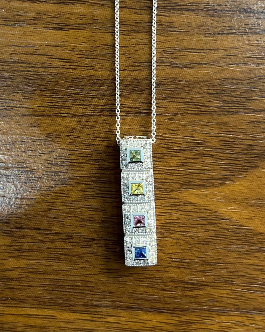 Square Shape Multi Color Sapphires Diamond Halo 14K White Gold Pendant Necklace