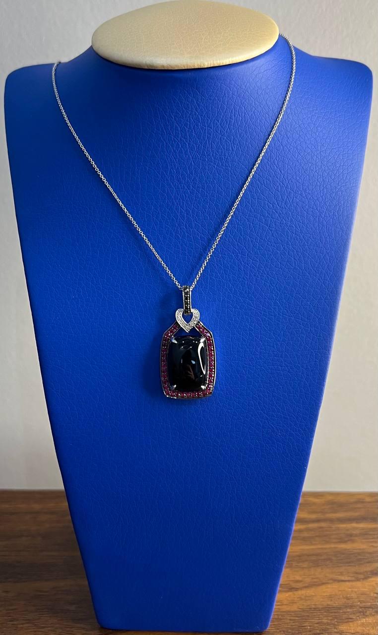 Black Onyx Red Pink Ruby White Diamond Halo 14K White Gold Pendant Necklace