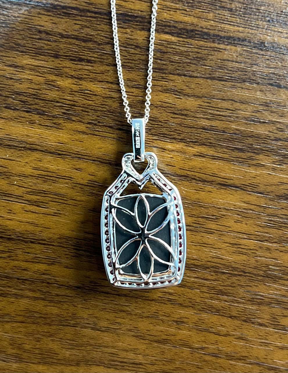 Black Onyx Red Pink Ruby White Diamond Halo 14K White Gold Pendant Necklace