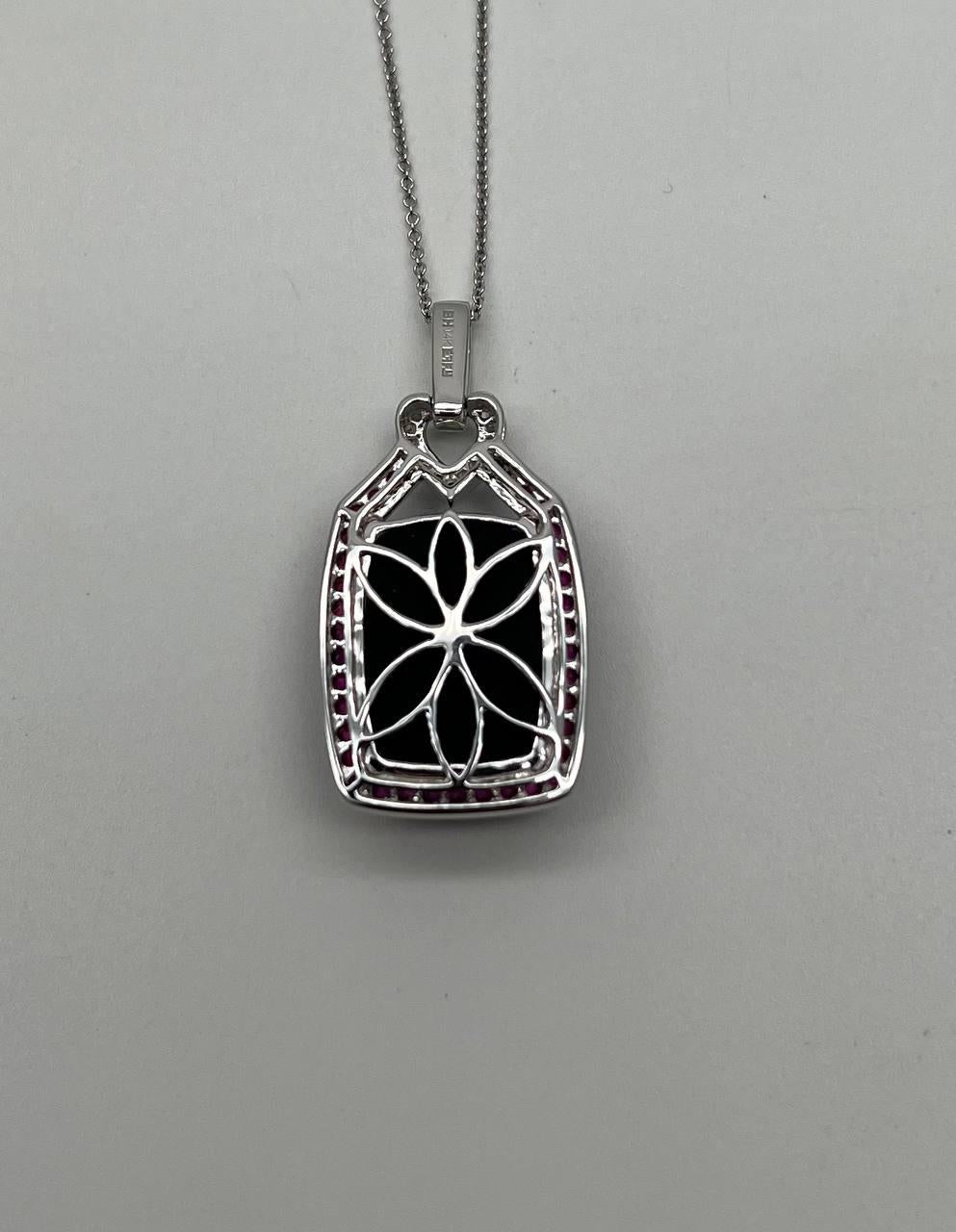 Black Onyx Red Pink Ruby White Diamond Halo 14K White Gold Pendant Necklace