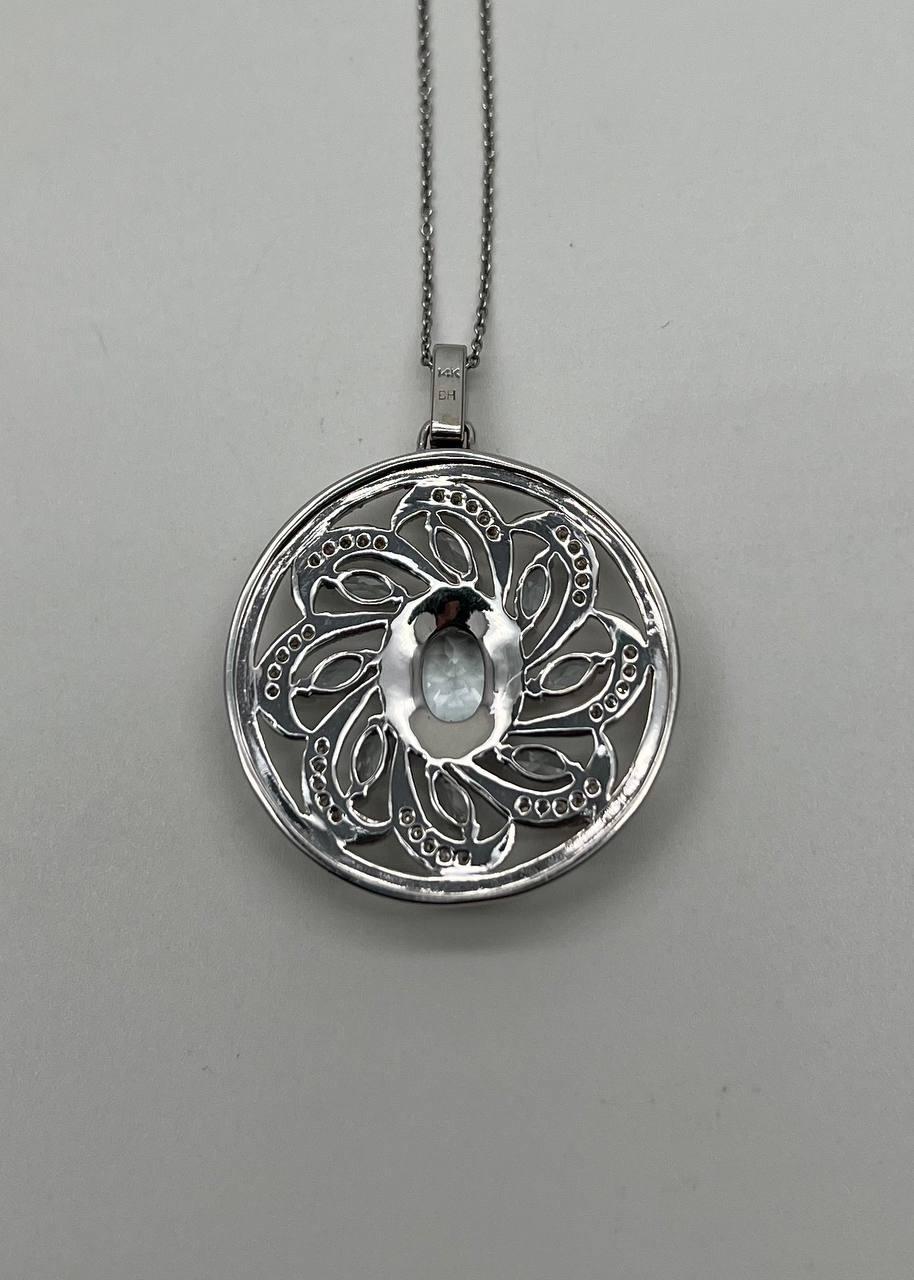 Blue Aquamarine Floral Motif Diamond 14K White Gold Pendant Medallion Necklace