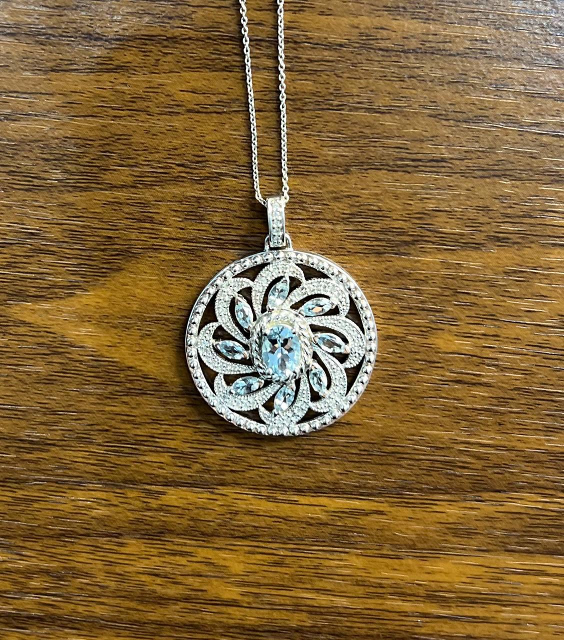 Blue Aquamarine Floral Motif Diamond 14K White Gold Pendant Medallion Necklace