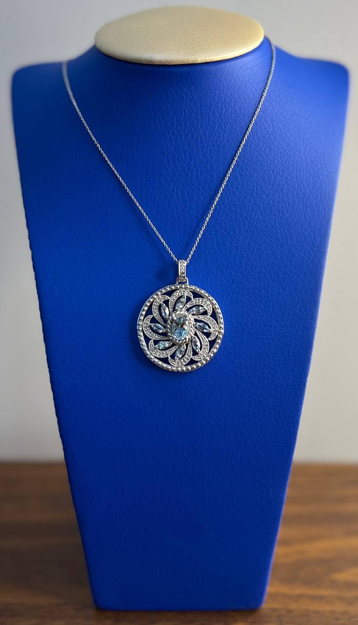 Blue Aquamarine Floral Motif Diamond 14K White Gold Pendant Medallion Necklace