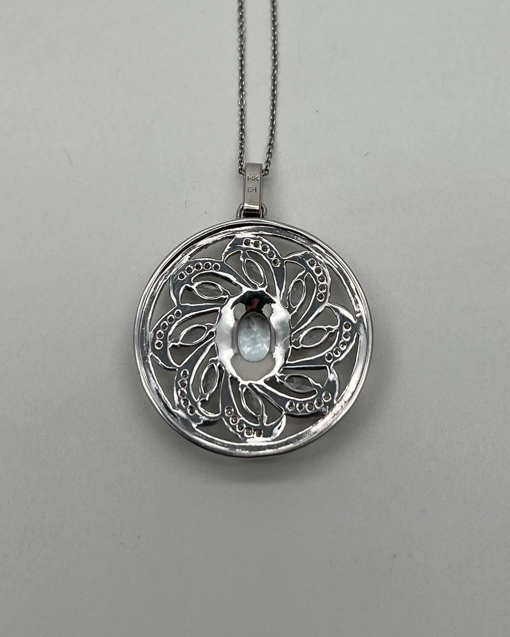 Blue Aquamarine Floral Motif Diamond 14K White Gold Pendant Medallion Necklace