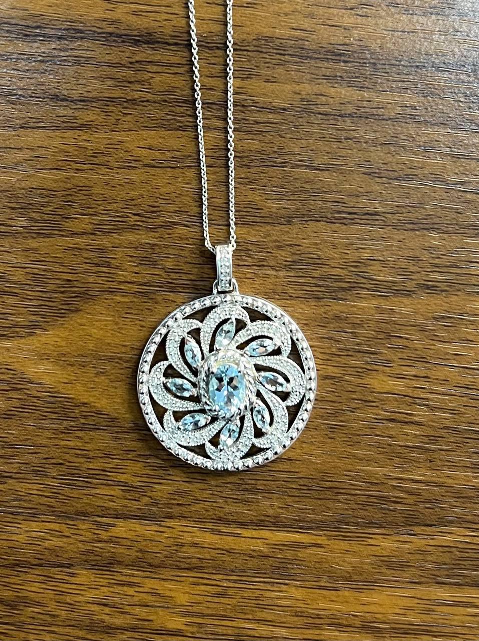 Blue Aquamarine Floral Motif Diamond 14K White Gold Pendant Medallion Necklace
