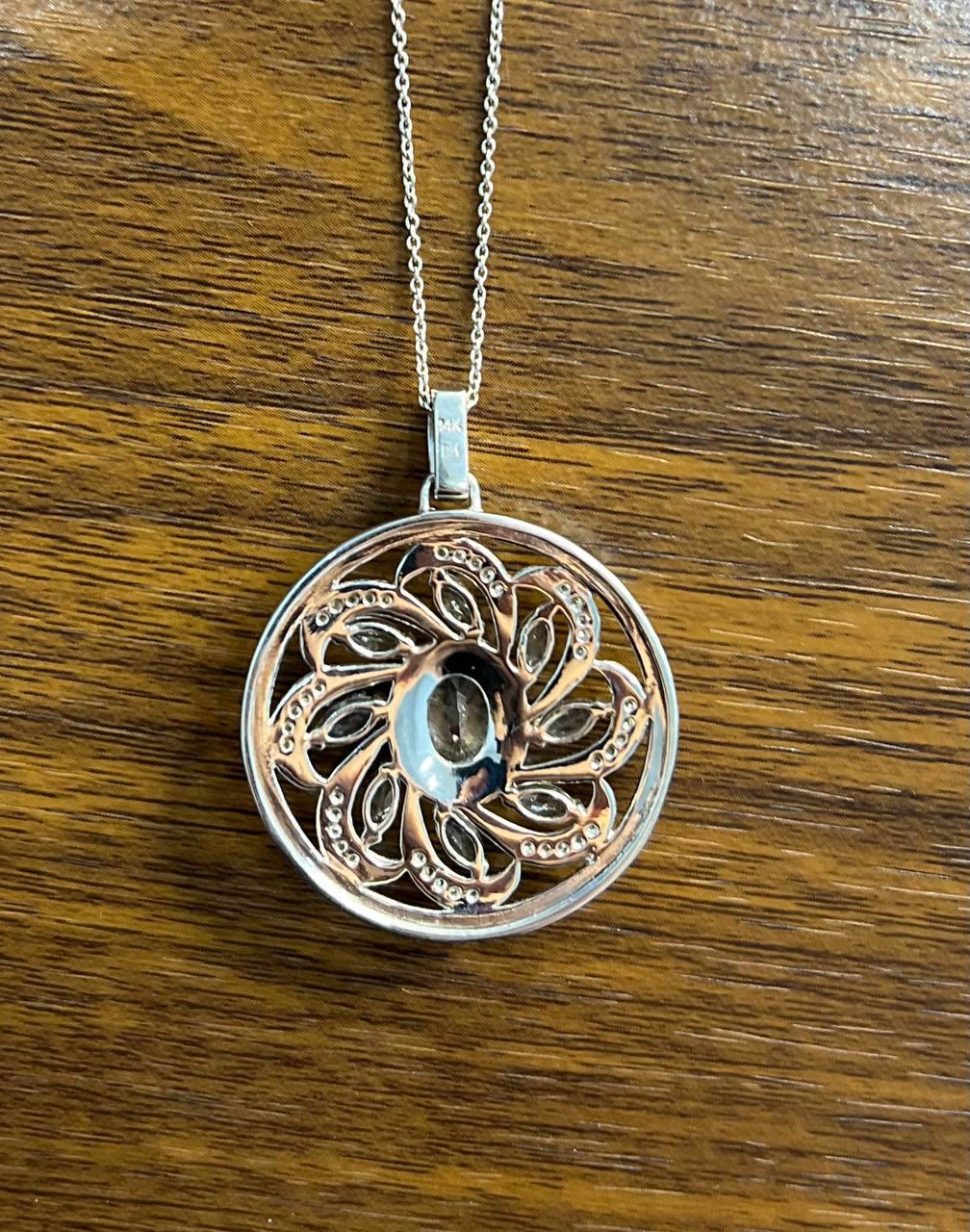 Blue Aquamarine Floral Motif Diamond 14K White Gold Pendant Medallion Necklace